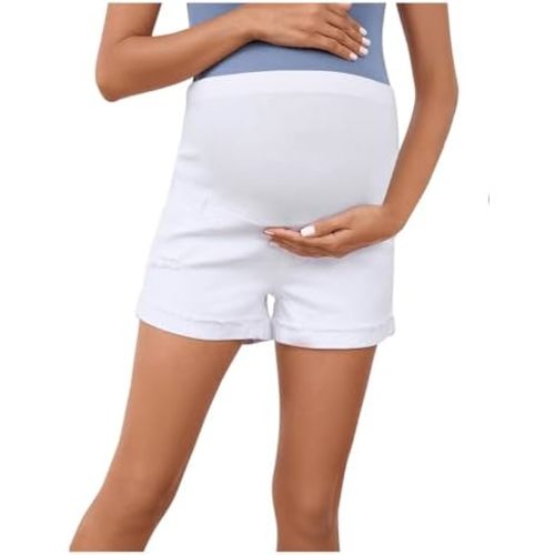 Women's Maternity Adjustable High Waist Ripped Roll Up Hem Denim Mini Shorts with Pocket