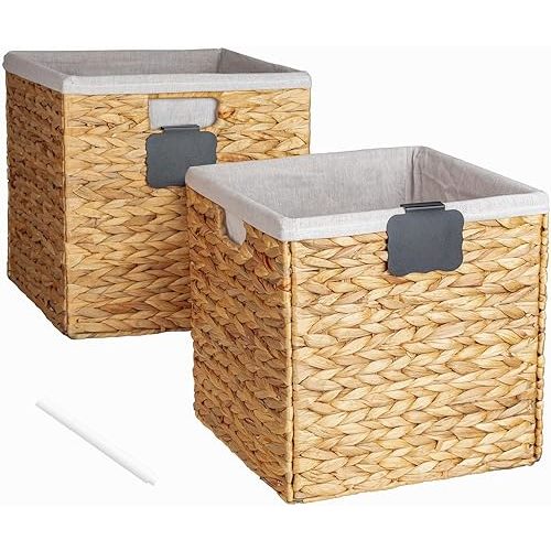 Wicker Storage Basket 12x12, Foldable Water Hyacinth Storage Baskets, Wicker Storage Cubes with Liners, Natural Seagrass Laundry Bin, Letter Boards and Chalk Marker Included, Set of 2