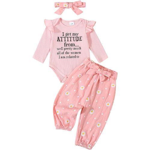 Tsnbre Newborn Infant Girl Outfits Ribbed Knit Letter Romper Daisy Pants Headband Baby Clothes for Girls 0 3 6 12 18 Month