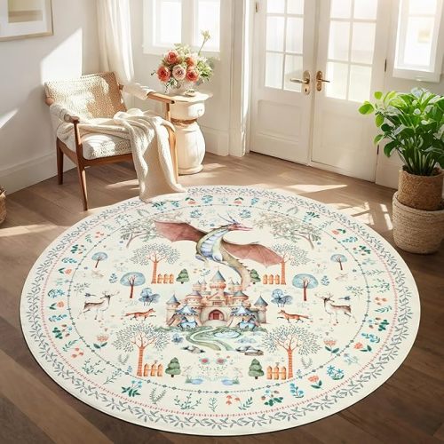 nesrt Washable Dragon Area Rugs for Living Room 6Ft Round, Beige Soft Modern Bedroom Rugs Non Slip, Thin Animal Print Forest Dining Room Floor Carpets for Kids Nursey Playroom Home Office Decor