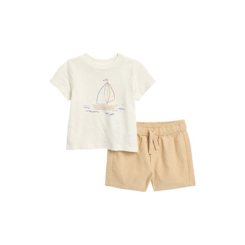 Nordstrom Graphic T-Shirt & Drawstring Shorts Set - Ivory Egret Sailboat & Tan, 18m