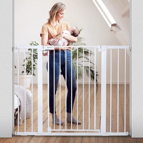 COMOMY 36" Extra Tall Baby Gate for Stairs Doorways, Fits Openings 29.5" to 48.8" Wide, Auto Close Extra Wide Dog Gate for House, Pressure Mounted Easy Walk Through Pet Gate with Door, White - 36"Tall 48.8"Wide-White