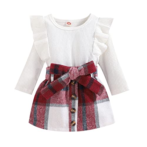 Noubeau Toddler Baby Girls Plaid Outfits Knit Ribbed Sweatshirt Shirt Tops Red Plaid Belt Skirt Fall Winter Clothes