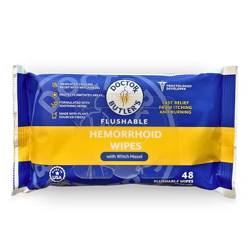 Doctor Butler's Flushable Hemorrhoid Wipes  Flushable Wipes with Witch Hazel to Soothe and Bring Relief from Discomfort Associated with Hemorrhoids (48 Wipes)