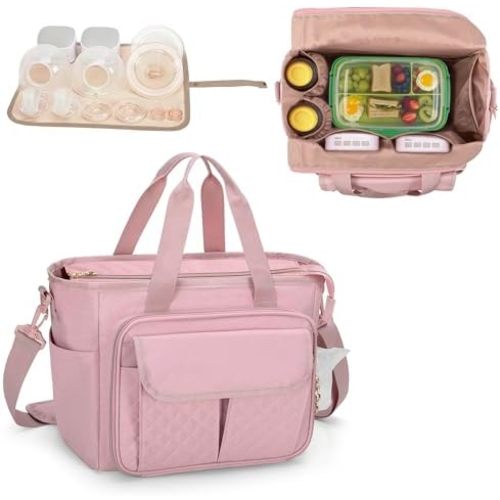 LUXJA Large Wearable Breast Pump Bag with a Waterproof Mat for Wearable Breastfeeding Pump, Carrying Tote Bag with Multiple Pockets for Hands Free Breast Pump and Extra Parts, Pink