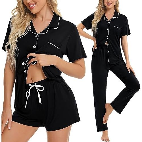 SWOMOG Womens 3pcs Pajamas Set Button Down Sleepwear Soft Short Sleeve Nightwear with Shorts Long Pant Pjs Loungewear