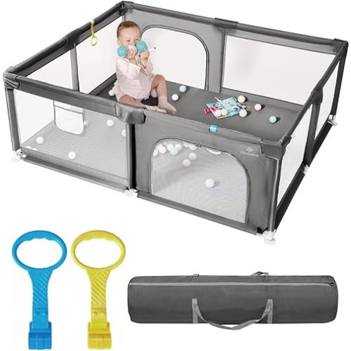 71" x 59" Extra Large Baby Playpen for Babies and Toddlers, Safe Activity Center with Soft Play Fence, Indoor Safety Yard, Easy to Assemble and Clean (Gray)