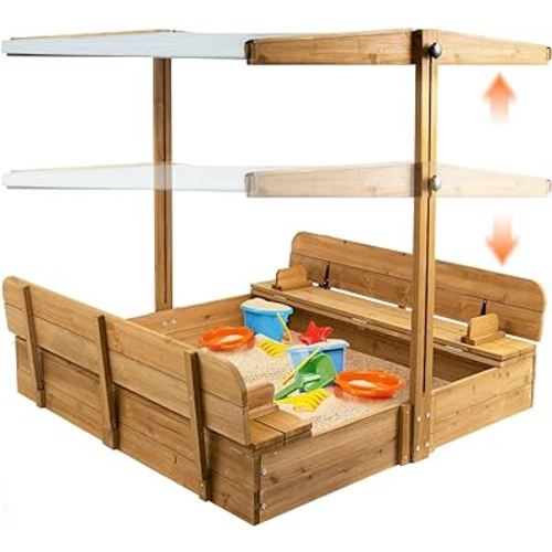 Amazon.com: PetsCosset Wooden Sandbox with Cover, Sand Boxes for Kids Outdoor with Lid, Sandbox with 2 Foldable Bench Seats for Backyard (47x47in), UV-Resistant & Adjustable Height Roof, Gift for Ages 2-8 : Toys & Games