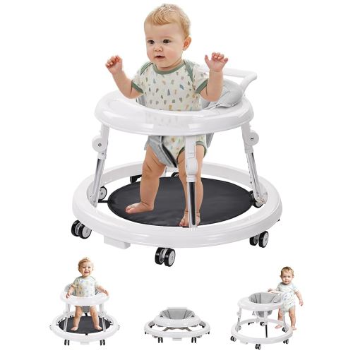 Baby Walker with Wheels: Adjustable Height & Foldable Design, Mute Wheels & Anti-Rollover Feature, Includes Footrest, Perfect for Boys & Girls 6-18 Months