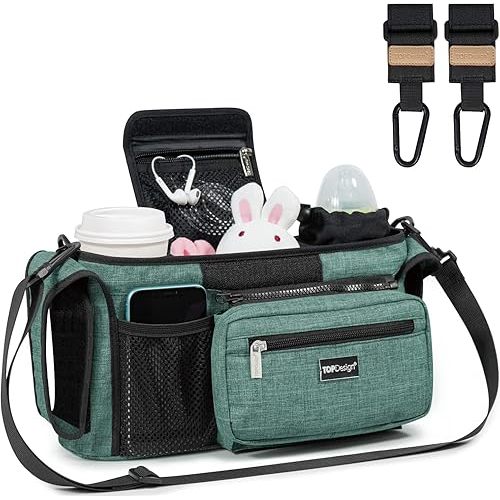 TOPDesign Universal Baby Stroller Organizer, Stroller Caddy with Heightened Insulated Cup Holders & Non-Slip Secure Hooks Accessories, Fits Most Strollers, Machine Washable (Green)