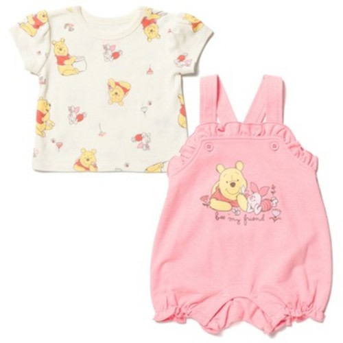 Disney Winnie the Pooh Minnie Mouse Piglet Baby Girls French Terry Short Overalls and T-Shirt Newborn to Infant, Color: Winnie the pooh, pink / white, Size: 6-9 months