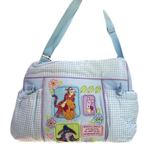 New Vintage Rare Winnie The Pooh Blue Gingham Checkered Large Baby Diaper Bag with Adjustable Pockets