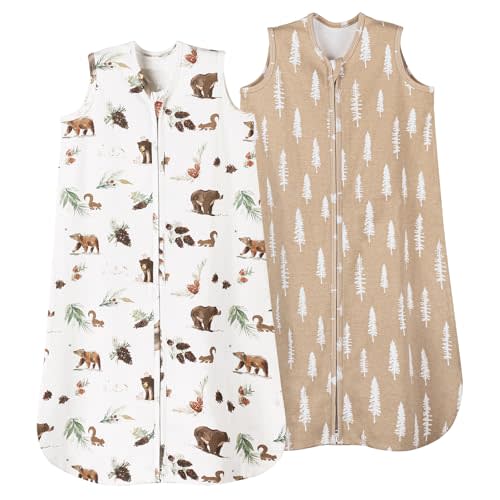 david's kids 100% Organic Cotton Baby Sleep Sack 0-6 Months, Soft Baby Wearable Blankets with 2-Way Zipper, 2 Pack Comfy Sleeping Bags for Infant Newborn Boys Girls Neutral, Small Size, Woodland