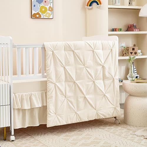 3-Piece Crib Bedding Set for Girls Boys - Ultra Soft & Skin Friendly Baby Bedding Crib Set Includes Crib Comforter, Sheet & Skirt (Light Beige)