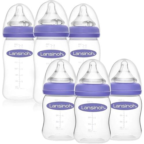 Lansinoh Anti-Colic Baby Bottles for Feeding Babies, 3 Count Each of 5 Ounces and 8 Ounces, 6 Bottles Total, includes 3 Medium Flow Nipples (Size M) and 3 Slow Flow Nipples (Size S)