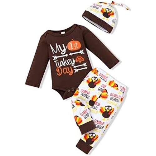 Hipea My First Thanksgiving - Conjunto de mameluco de calabaza y pantalones de pavo para bebé recién nacido Acción de Gracias