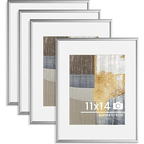 11x14 inch Metal Picture Frame - 11 x 14 Thin Aluminum Photo Frames with 8x10 Removable Mat - High Definition Plexiglass - Vertical and Horizontal Display - Wall Hook Hanging Hardware Included - Silver, Set of 4