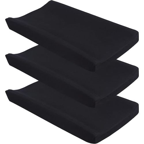 CaSaJa Black Diaper Changing Pad Cover with Strap Holes Set of 3, Snug Fit 4-Sided Contoured Changing Table Pad 16x31 16x32, Fitted Change Pad Sheet for Baby Boy, 100% Silky Soft Microfiber