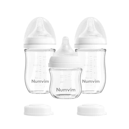 Numvim Natural Glass Baby Bottles Gentle & Extra Slow Flow, Without Lead Body, Newborn Breastfeeding Bottle with Anti Colic Nipple for 0 Months Babies, 3 Packs (White, 3oz+5oz)