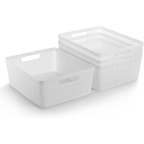 BINO | Woven Plastic Basket | Medium (White), 4-Pack | THE JUTE COLLECTION | Home Organization, Space - Saving Storage, Stylish Design | Jute Basket | Plastic Storage Basket