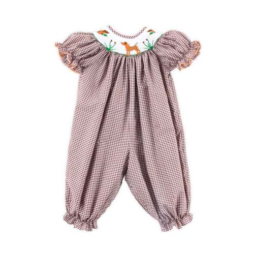 Mallard & Dog Smocked Brown Gingham Long Bubble