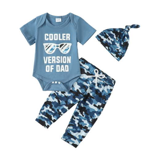 Newborn Baby Boys Clothes 3 Months Boys 3PCS Outfits Set Letter Glasses Print Newborn Boys Short Sleeve Top Camo Pants Set with Hat Blue