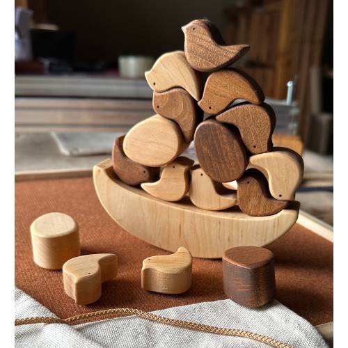 Wooden birds in the nest toy for children, birds and eggs made of wood, Little birds Balance for children pyramid