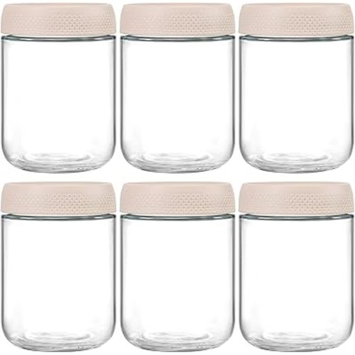 NETANY 6-pack 16oz Glass jars with Airtight Lids, Overnight Oats Containers with Lids, Wide mouth Mason Salad jars, Glass Food Storage Containers for Snacks Yogurt Spice Sugar-Beige