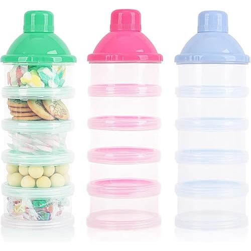 3-Pack 5-Layer Baby Formula Dispenser for Travel - Portable Milk Powder Container with Lids, Food Storage Box for Snacks, Candy, Powder (Blue, Green, Pink) - On-the-Go Formula Dispenser
