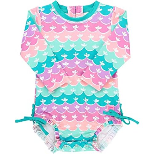 RuffleButts Baby Girls UPF 50+ Sun Protection Floral Printed Long Sleeve One Piece Rash Guard Swimsuit with Zipper
