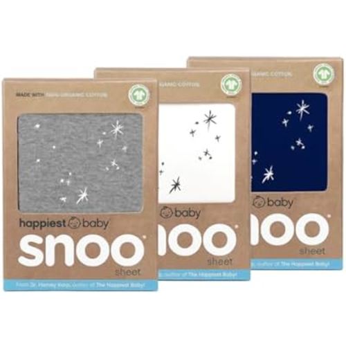 Happiest Baby SNOO Bassinet Fitted Sheet - 100% Organic Cotton Nursery Bedding - Fits SNOO Sleeper Crib Mattress - 3-Pack Bundle (White, Grey, Navy)