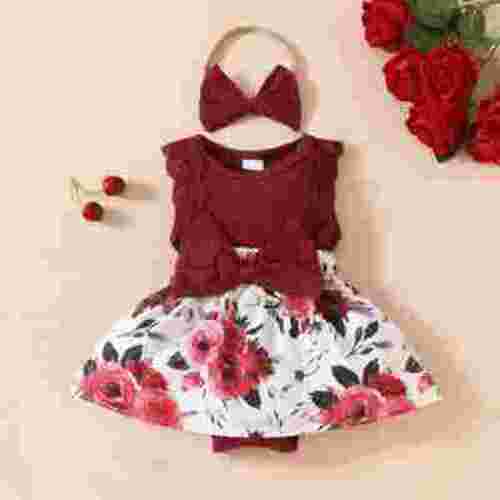 3-6 Months Baby Girl Clothes Newborn Romper Dress Infant Ruffle Sleeveless Summer Outfits with Headband Girls' Round Neck Sleeveless Stripe Lace Patchwork Flower Print Jumpsuit Red