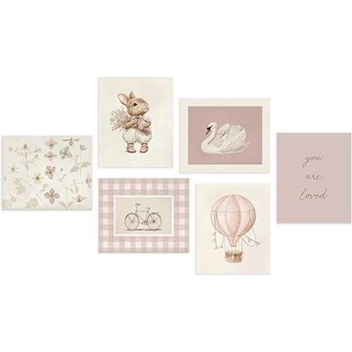 Dazzlewall 6Pcs Pink Nursery Wall Art Prints Swans Painting, Vintage Bunny Flower Wall Art Poster for Baby Kids Girls Room Decor 8x10 in Unframed
