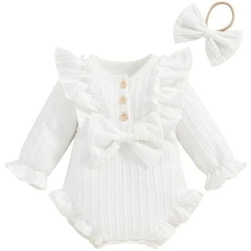 ZAXARRA Infant Baby Girls Fall Outfits Button Front Ruffle Long Sleeve One piece Rompers Cute Newborn Headband Clothing Sets