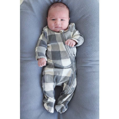 Big Check Bamboo Waffle Zipper Footie | Denim