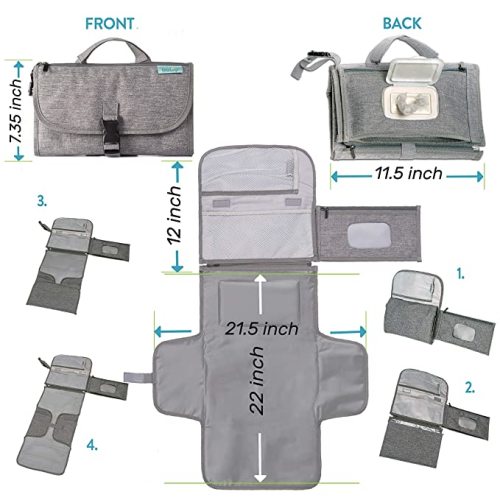 Portable Diaper Changing Pad, Portable Changing pad for Newborn Girl & Boy - Baby Changing Pad with Smart Wipes Pocket – Waterproof Travel Changing Kit - Baby Gift by Kopi Baby - Grey - Classic