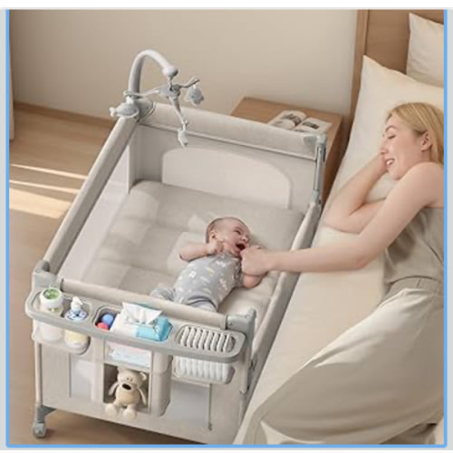 TinyGlow 4 in 1 Baby Bassinet, Pack and Play, Bedside Crib Sleeper, Diaper Changer, Quickly Assembled and Folded Portable Crib with Mattress and Mosquito Net, Easy to Carry