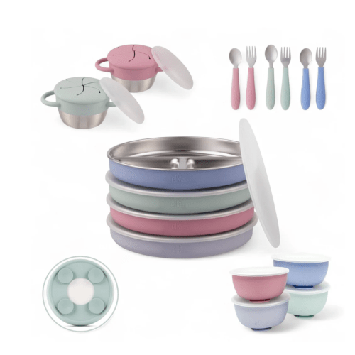 Stainless Steel Mealtime Bundle | Sucton Sleeves | Plates, Bowls, Snack Cups + Toddler Utensils | 16 Pcs | Blush/Lilac/Sage/MistyBlue