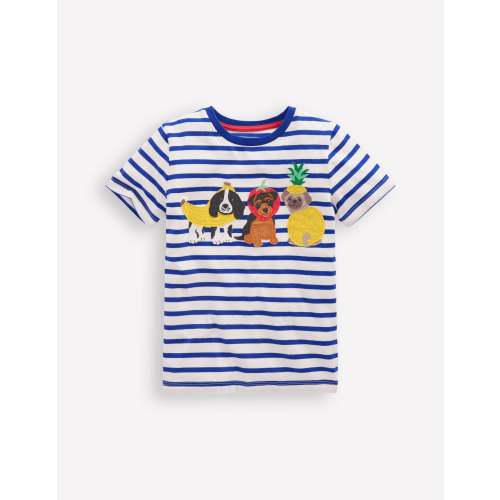 Short Sleeve Appliqué T-shirt-Bright Blue Stripe Fruit Dogs