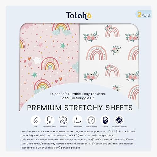TotAha Pink Rainbow Crib Sheets Girl - Hypoallergenic, Silky Comfort, Buttery Soft, Calming Effect, All-Season Premium Stretchy Jersey-Knit Sheets, 9'' Extra Deep Pocket-2 Pack
