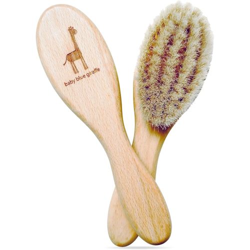 Super Soft Baby Hair Brush, Grooming Kit Must-Have, Baby Essentials, Ideal Gift for Baby Shower, All Natural Goat Hair and Beech Wood - Baby Blue Giraffe