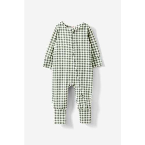 The Billie Long Sleeve Zip Romper - Green Gingham, 0-3M
