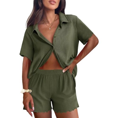 Ekouaer Womens Ribbed Knit Lounge Set Short Sleeve Button Down Top and Shorts Pajama Set 2 Piece Sleepwear Outfits Set