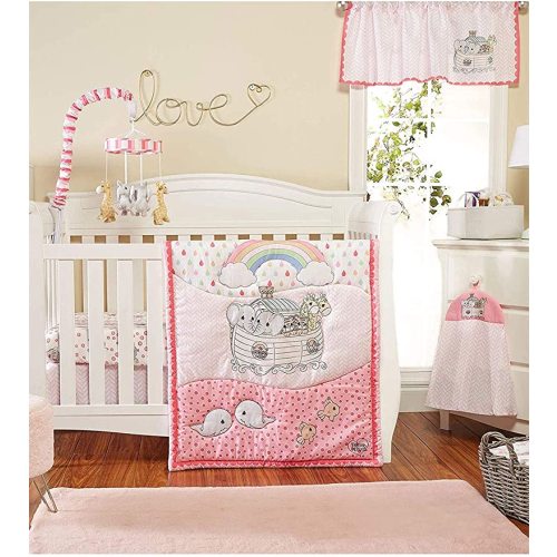 EVERYDAY KIDS Precious Moments Noah’s Ark 4 Pc Crib Bedding for Girls Nursery Set Includes Baby Bed Quilt, Fitted Sheet, Dust Ruffle and Diaper Stacker with Sweet Images of Elephants and Giraffes
