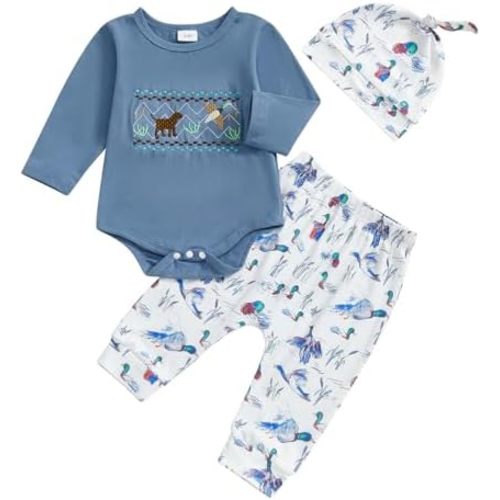 Newborn Baby Boy Hunting Clothes Mallard Duck Embroidery Romper Bodysuit Long Pants Hat Set Fall Winter Outfits