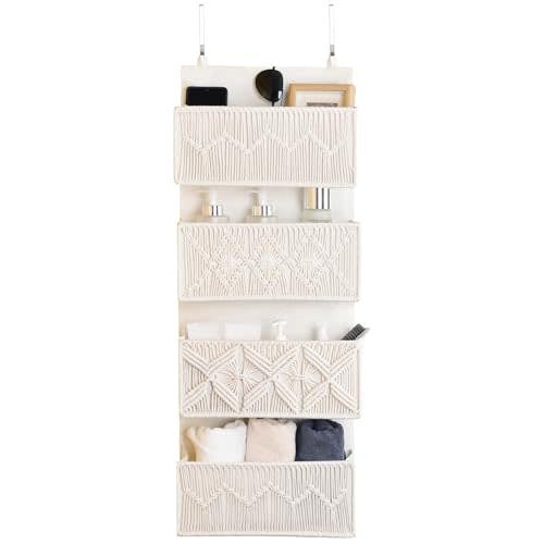 janebeauties Nursery Over The Door Organizer Boho Decor Nursery Storage with 4 Large Woven Pockets, Macrame Nursery Organizers and Toys Storage, Behind Door for Bathroom, Bedroom