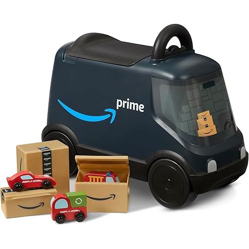 Radio Flyer Amazon Delivery Van, Ride and Deliver Truck for Kids, Under Seat Storage, Stationary Handle, Ergonomic Seat, Includes 3 Mini Amazon Boxes & 3 Wooden Toys, Toddler Ride On Toys