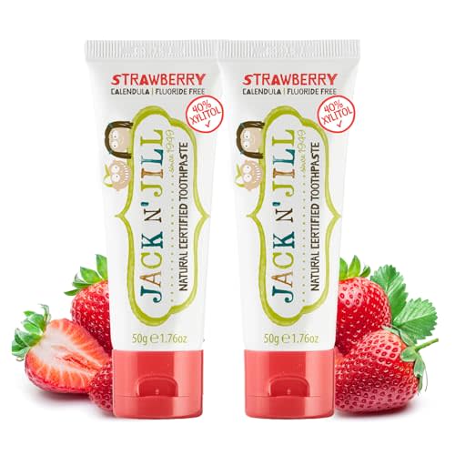 Jack N' Jill Natural Toddler Toothpaste for Baby, Kids and Infants 6 Months & Up, Fluoride Free Training Toothpaste for Toddlers 1-3, 40% Xylitol, BPA Free - Strawberry, 1.76 oz (Pack of 2)