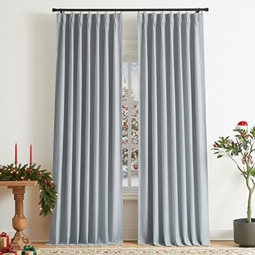 Vision Home Pinch Pleated Full Blackout Curtains Linen Blended Room Darkening Window Curtains 84 inch for Living Room Bedroom Thermal Insulated Pinch Pleat Drapes with Hooks 2 Panel 40"Wx84"L,Blue Fog
