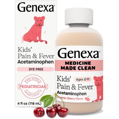 Genexa Children's Clean Acetaminophen | Pediatrician Preferred Ingredients | Pain & Fever Reducer for Kids | Dye Free, 0% Artificial Additives | Ages 2-11, Delicious Organic Cherry Liquid, 4 fl oz